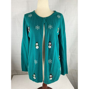 Women’s Christopher Banks Holiday Snowman Snowflakes Cardigan Sweater Sz M Teal